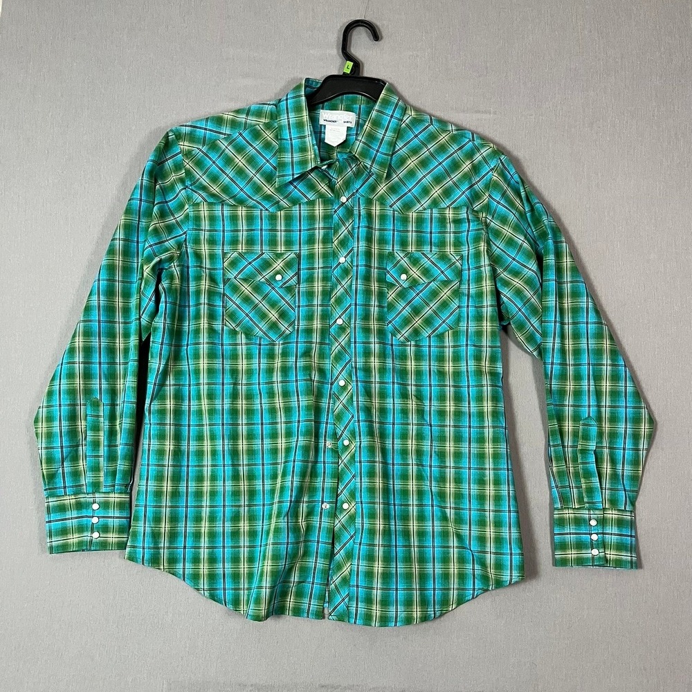 Wrangler Wrancher Pearl Snap Shirt XL Cotton Blend Green Blue Plaid Western NWOT